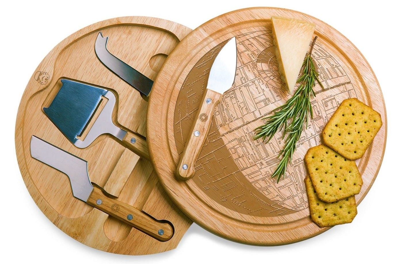 round wood cheese board with top swiveled forward, showing the inside with cheese tools that fit into holes perfectly, and the etching of a Death Star on top