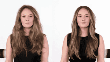A GIF of someone with frizzy hair and a second GIF of them with sleek, shiny looking hair
