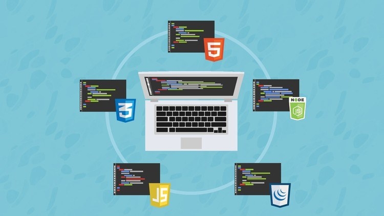 Illustration of a laptop surrounded by five command terminals, each denoted with the logo of a different computer language