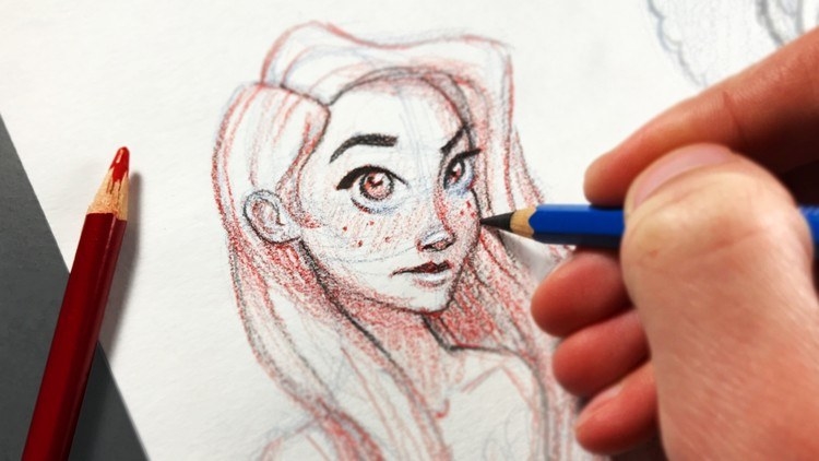 A hand holding a colored pencil, detailing a sketch of a girl