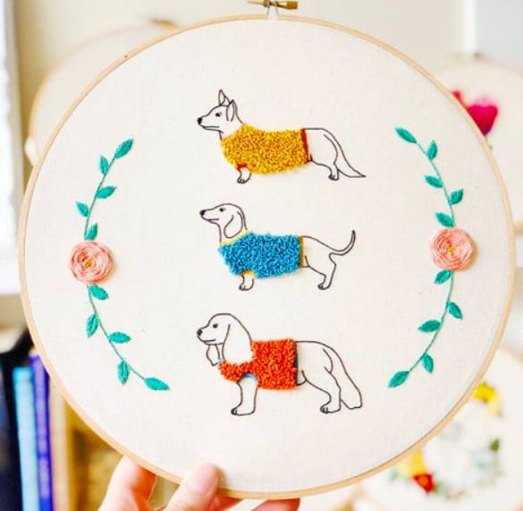 Three different dogs in sweaters with floral frame 