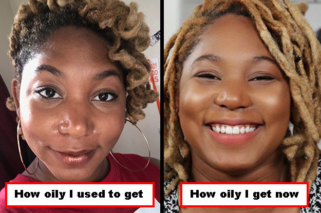 on the left, former BuzzFeed Writer Jamé Jackson with more oily skin labeled &quot;how oily I used to get&quot; and on the right, an image of Jamé labeled &quot;how oily I get now&quot; with matte skin