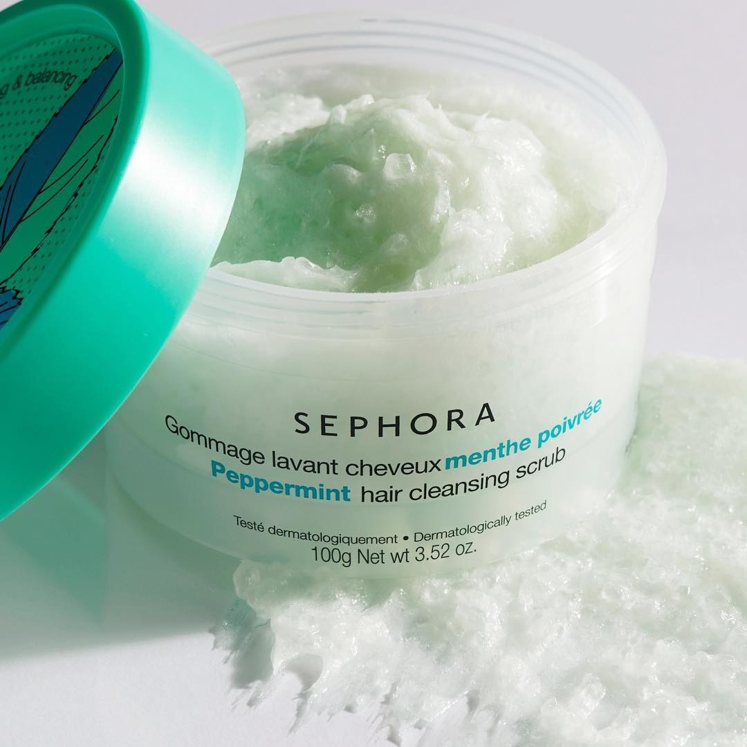 green packaging labeled &quot;Sephora peppermint hair cleansing scrub&quot;