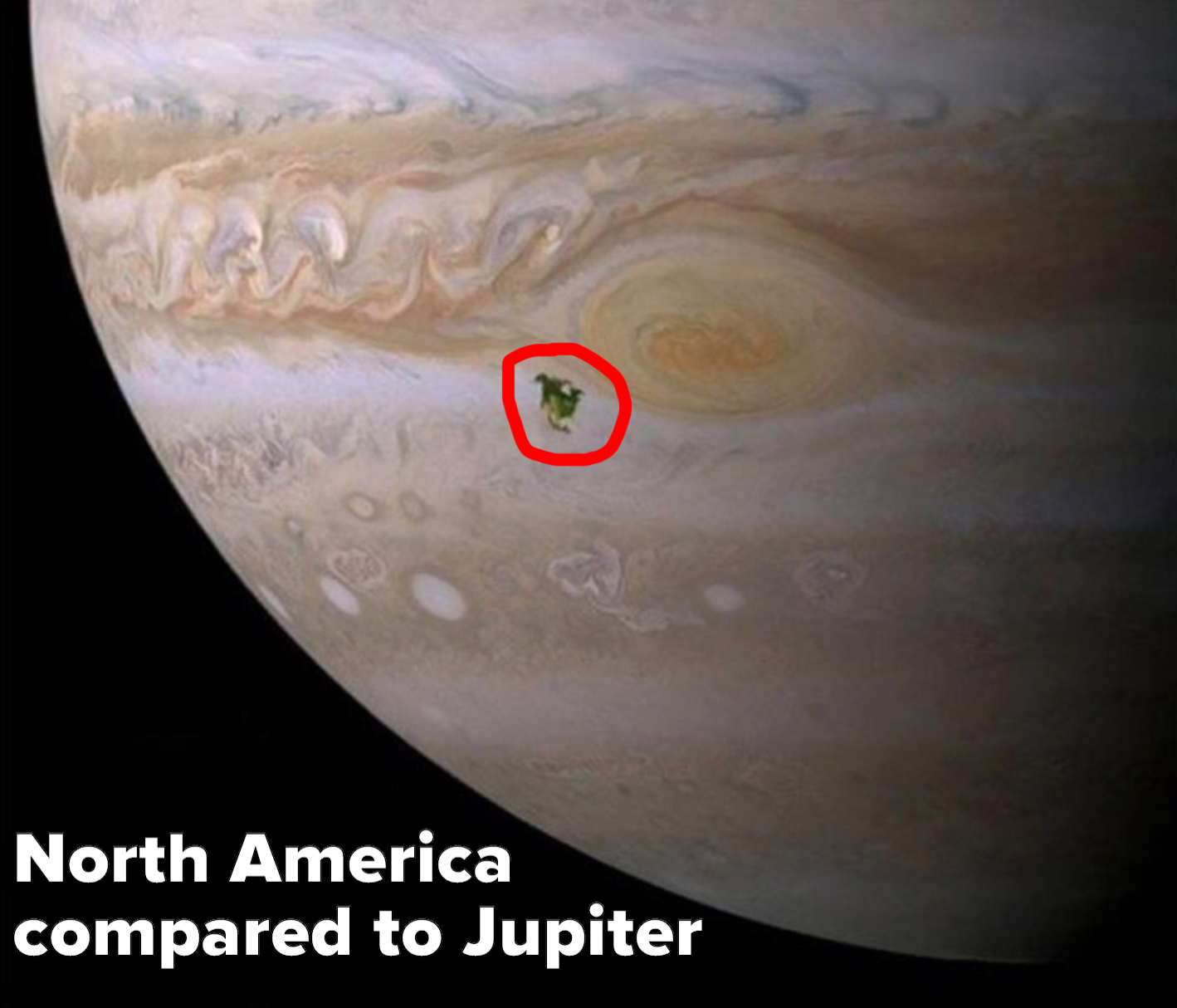 Image showing the size of North America in comparison to Jupiter