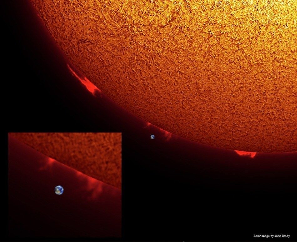The image shows the sun with solar flares and a small Earth inset for size comparison