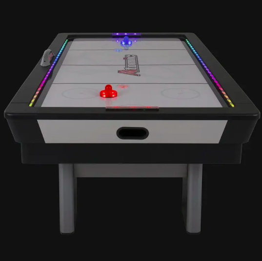 A air hockey table with a black background