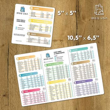 The two sheets with suggested cook times and ratios for grains, meats, veggies, beans, and more