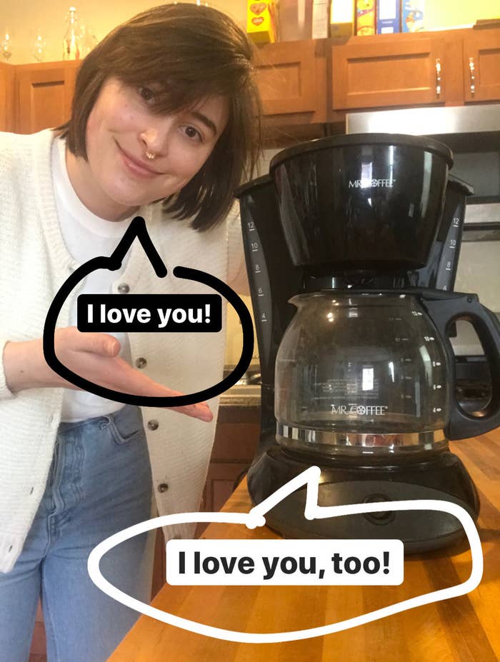 the writer with a speech bubble saying &quot;i love you&quot; next to the mr coffee saying &quot;I love you, too&quot;