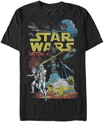 a retro star wars scene and logo on a black tee
