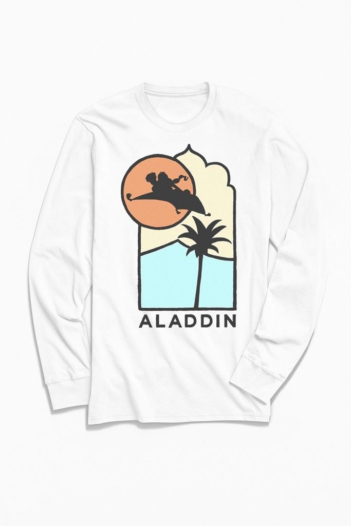 a white long sleeve with a graphic of aladdin and jasmine on the flying carpet