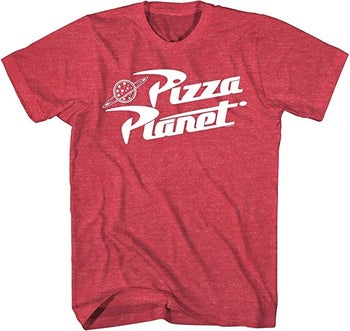 a red tee with the pizza planet logo on it