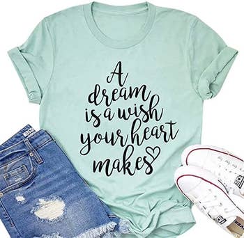 a mint green tee that says 