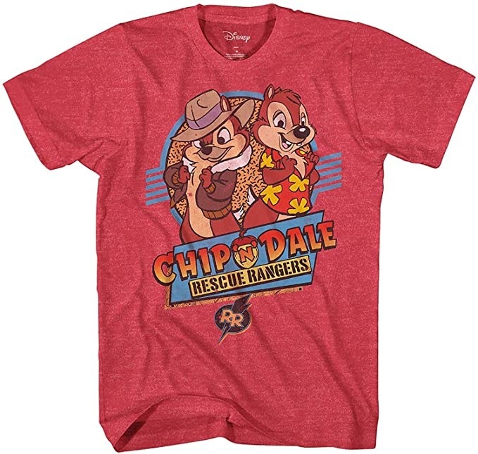 a red t-shirt with chip &#x27;n&#x27; dale rescue rangers on it