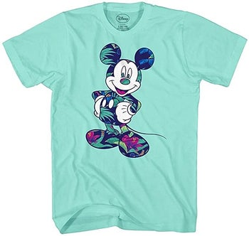 a mint green tee with mickey on it in a tropical print