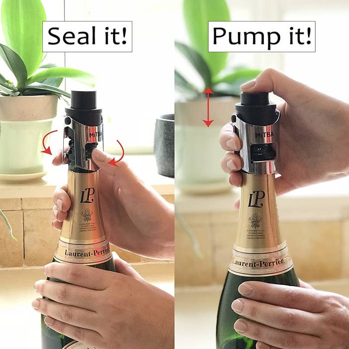 Double image: On the left, model&#x27;s hands around a champagne bottle with arrows pointing to where it is sealed and on the right, the hand and a red arrow showing how to press it down with the words &#x27;Pump it&#x27;