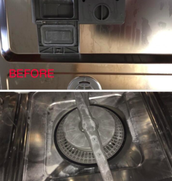 reviewer's before pic of inside of dishwasher with residue on it
