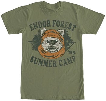 an olive green tee with an ewok on it that says 