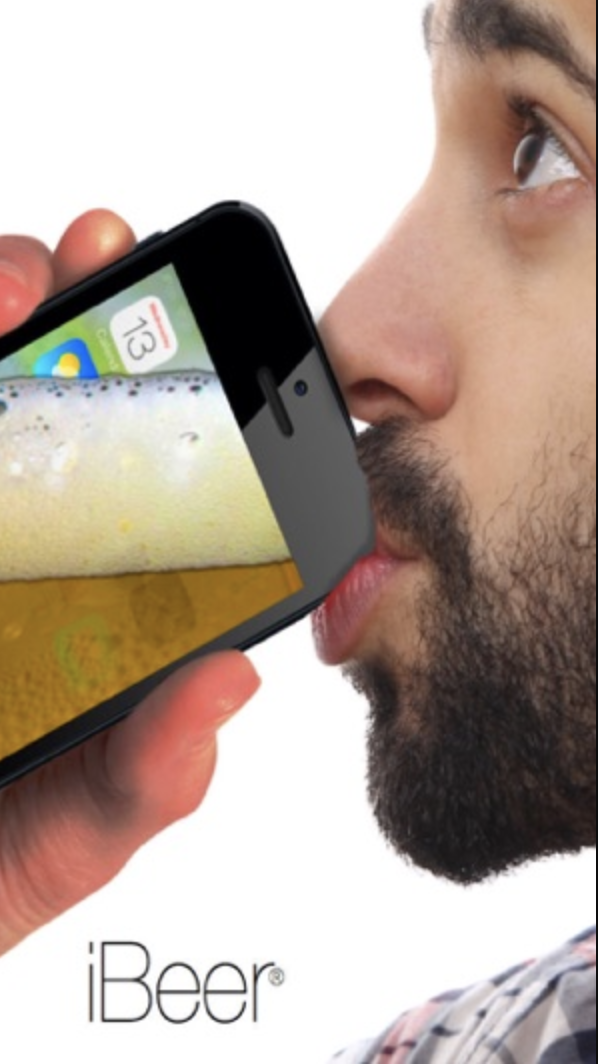 Screenshot of iBeer app featuring a man drinking what looks like a frothy beer out of his iPhone