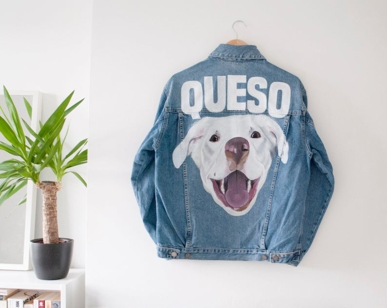 denim jacket with a hand-painted portrait of a dog and their name Queso spelled out