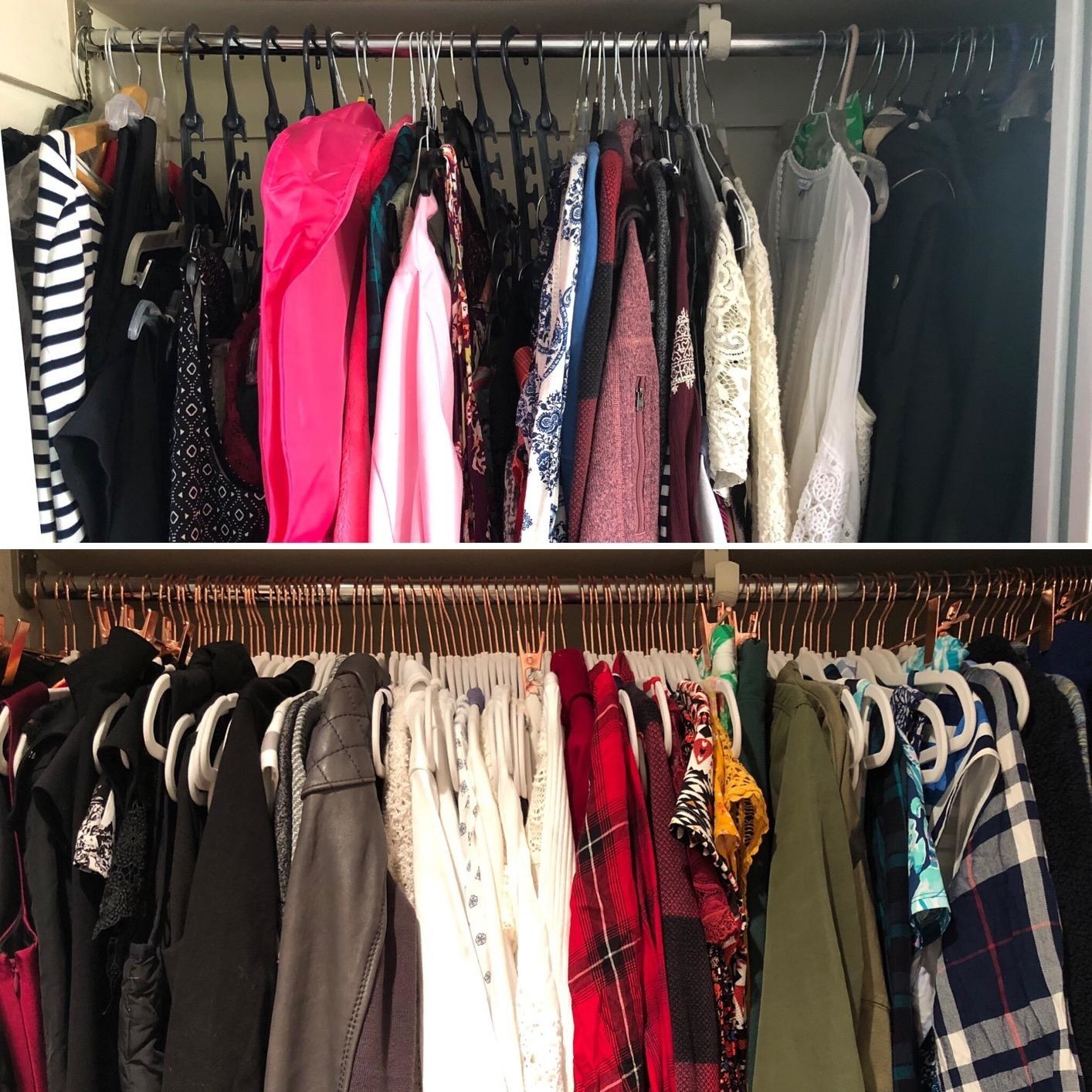reviewer&#x27;s before and after of their closet fitting much more clothing items after switching to the thin velvet hangers 