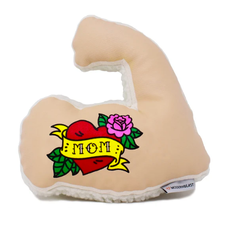 White muscle arm chew toy with &quot;Mom&quot; heart tattoo on bicep 