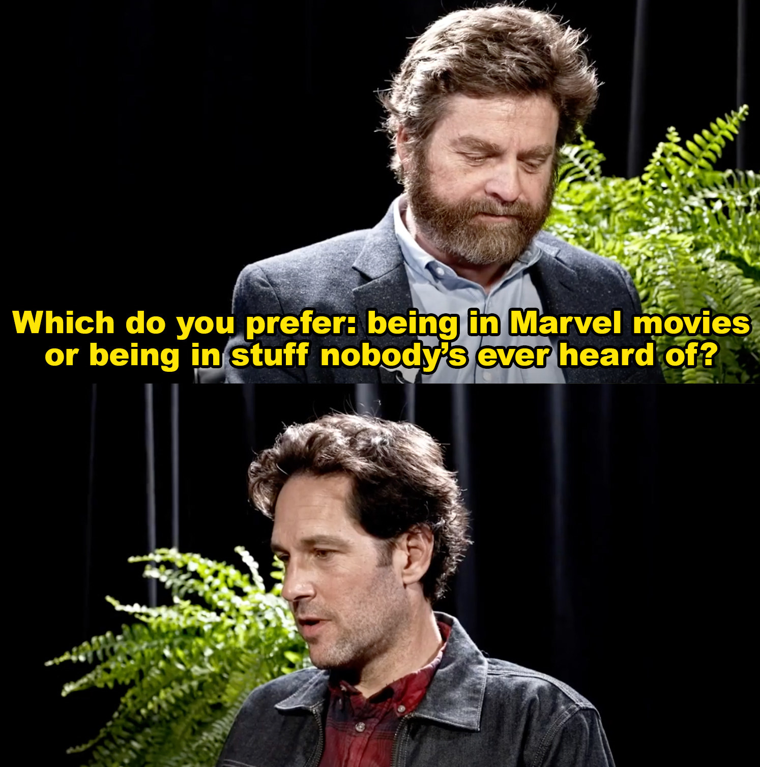 Zach asking Paul Rudd which do you prefer, being in Marvel movies or being in stuff nobody&#x27;s ever heard of?