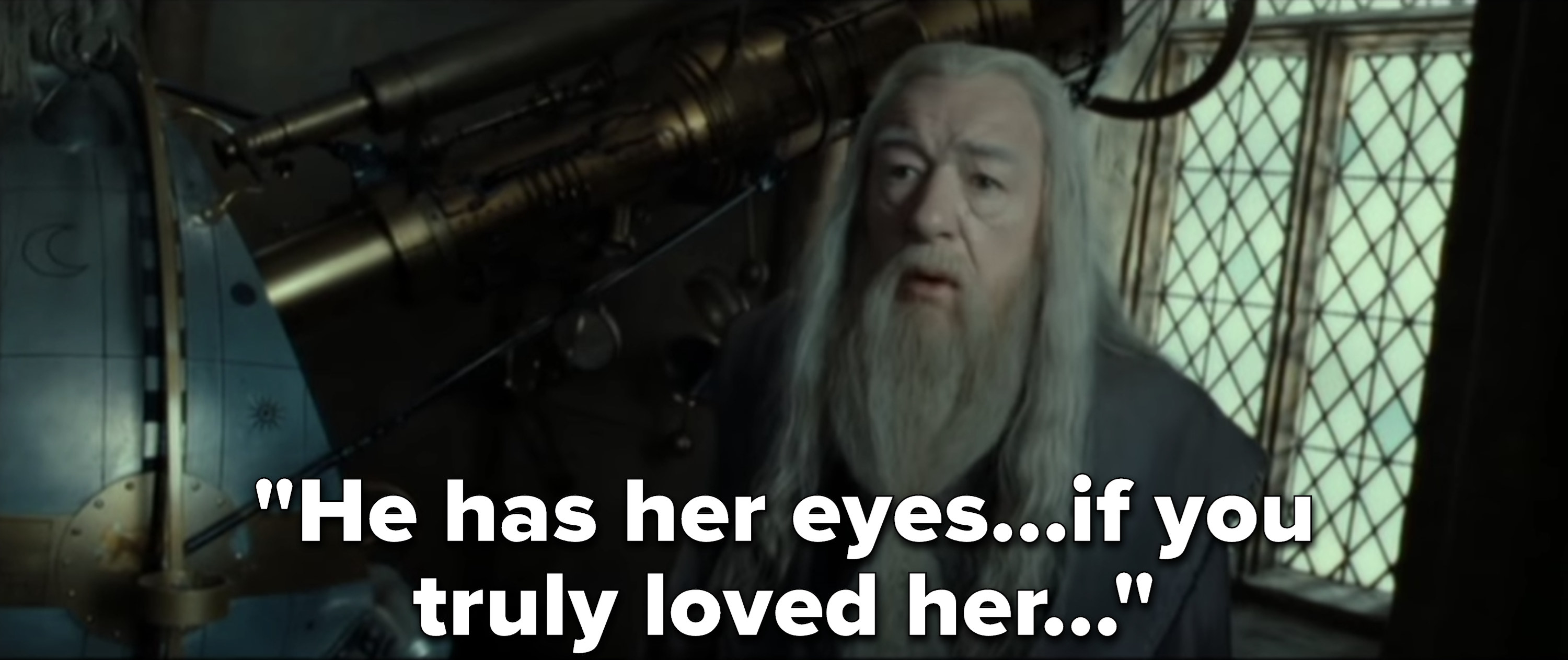 Dumbledore saying, &quot;He has her eyes, if you truly loved her&quot;