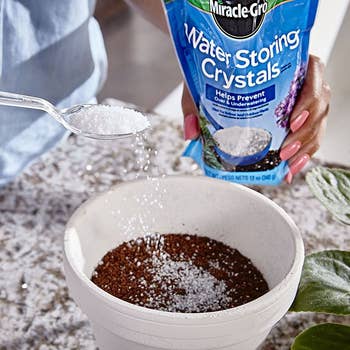 The water-storing crystals being poured into soil 