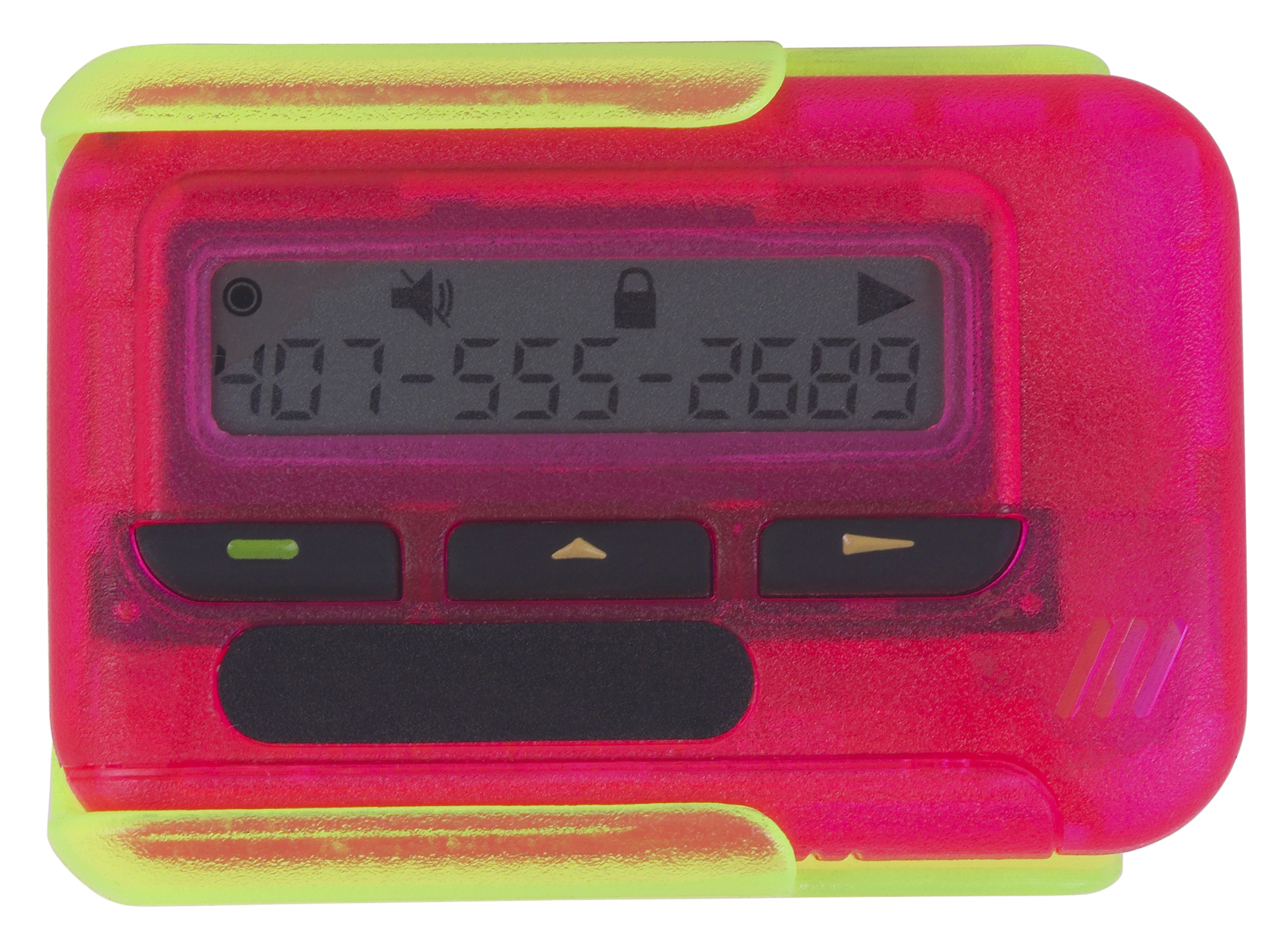 A hot pink beeper with lime green case