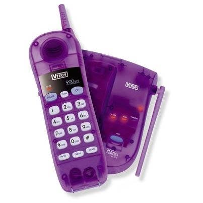 A purple see-through cordless phone