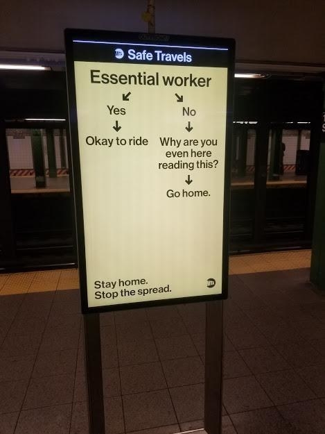 The flow chart shows that if you&#x27;re an essential work then it&#x27;s OK to ride the subway. If you&#x27;re not, then you need to go home