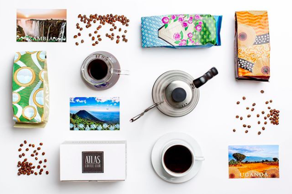 overhead view of several coffee mugs and packages of the coffee