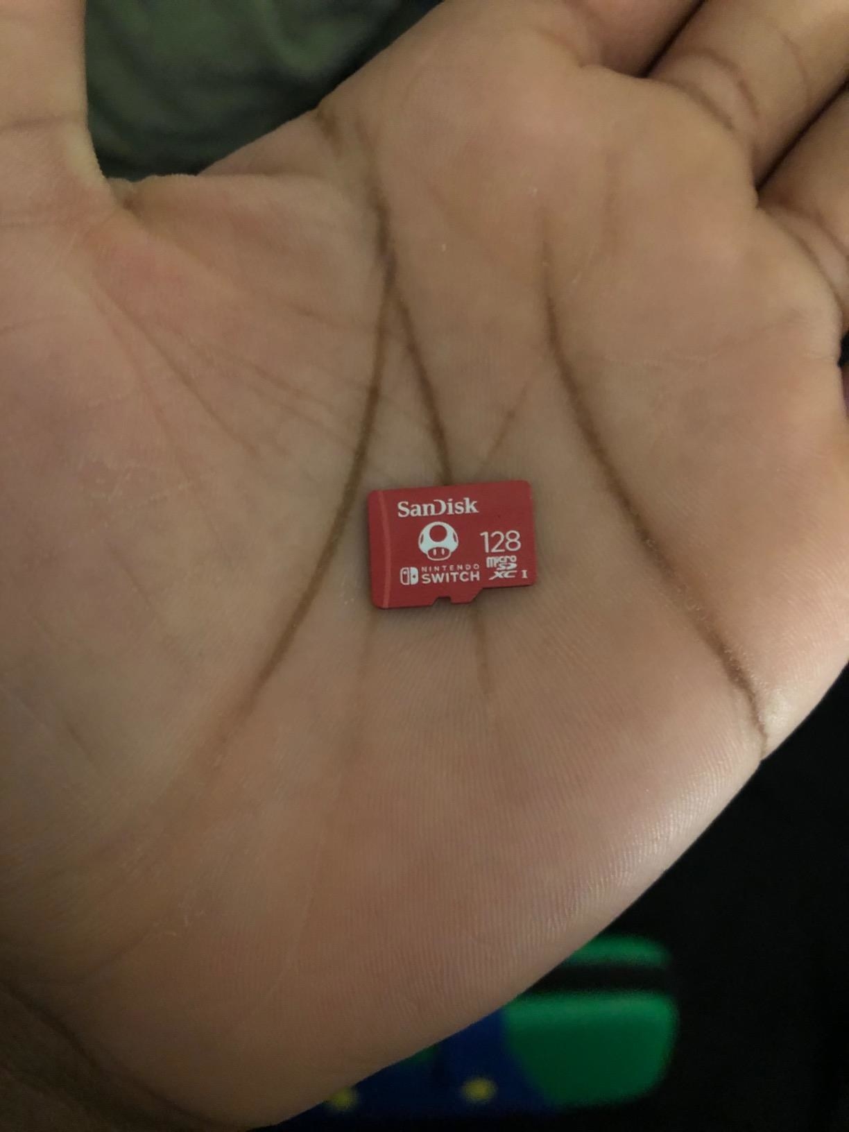 a reviewer holds the red memory card with toad on it to show how tiny it is