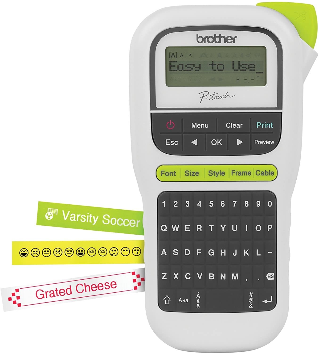 A label maker with a QWERTY keyboard and examples of the types of labels it can make in different colors