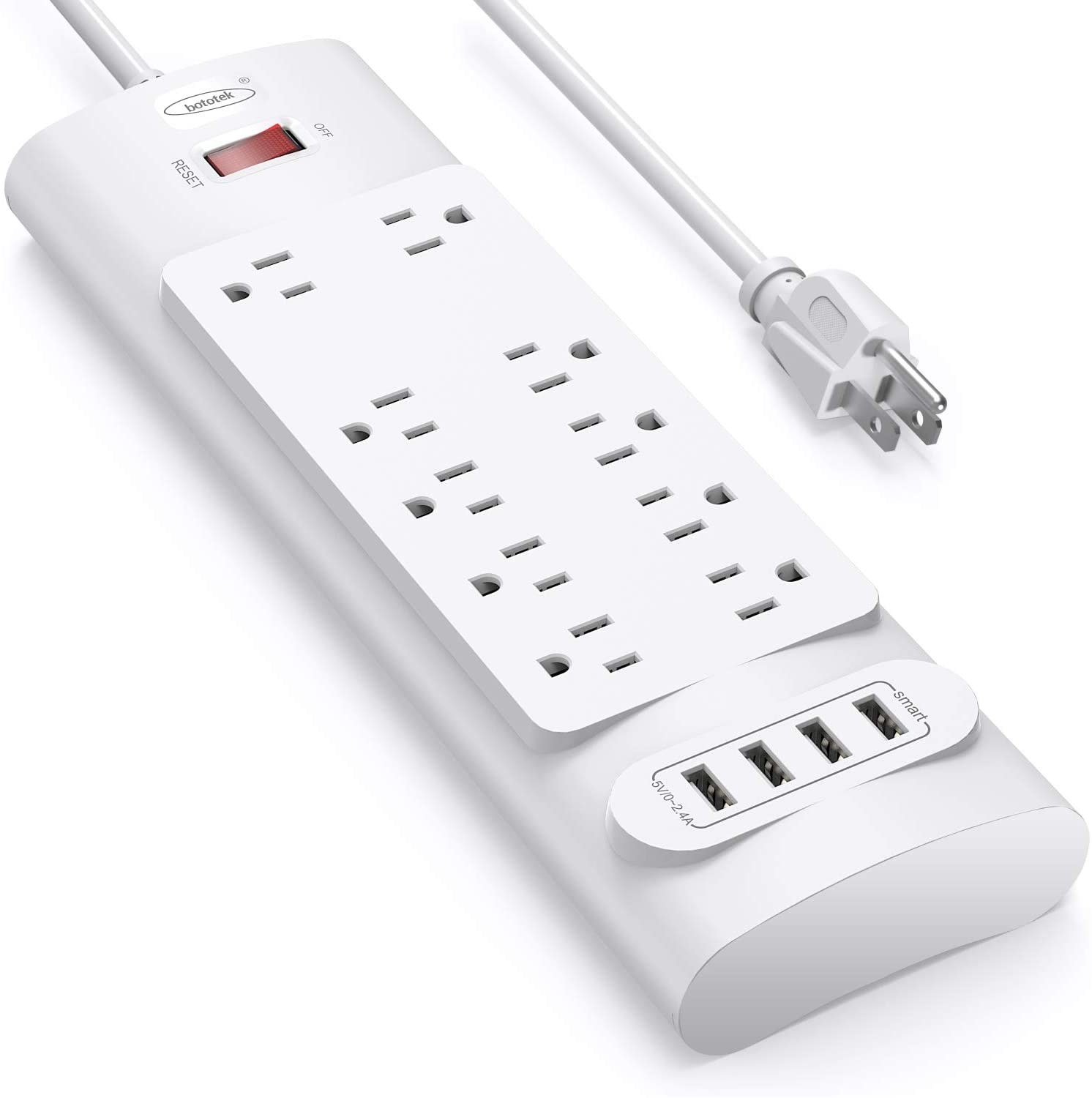 An unplugged white surge protector with ten empty plugs and four empty USB ports