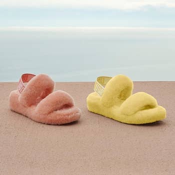 pink and yellow fluffy ugg slippers with a strap around the ankle and two loops over the foot