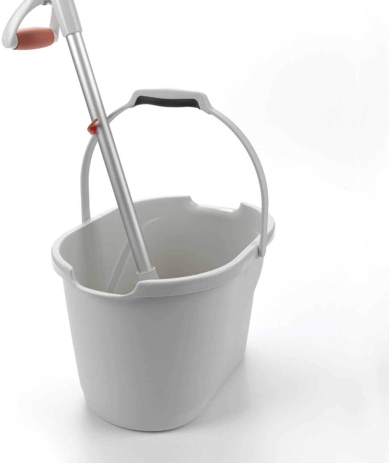 A white plastic bucker with handled extended while holding up a mop