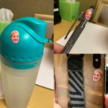 reviewer's small stickers of their face on various objects