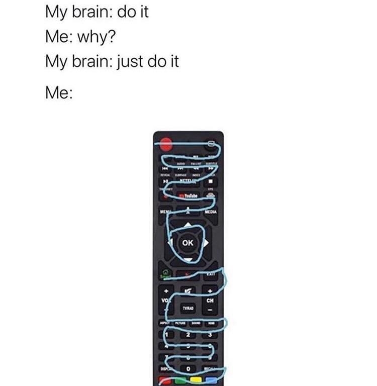 Meme that says, &quot;My brain: do it Me: why? My brain: just do it,&quot; as a squiggle line traces the buttons on the front of a remote control.