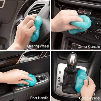 Four images of a manus utilizing the teal slime to cleanable antithetic areas of a car's dashboard