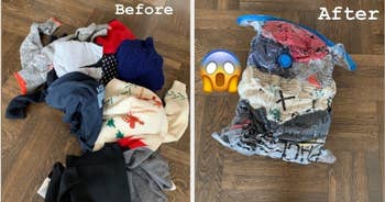 A before and after image of a pile of clothes on the floor versus the same pile that fits into a vacuum bag and takes up less space