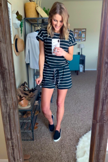 reviewer in black and white stripe short sleeve romper