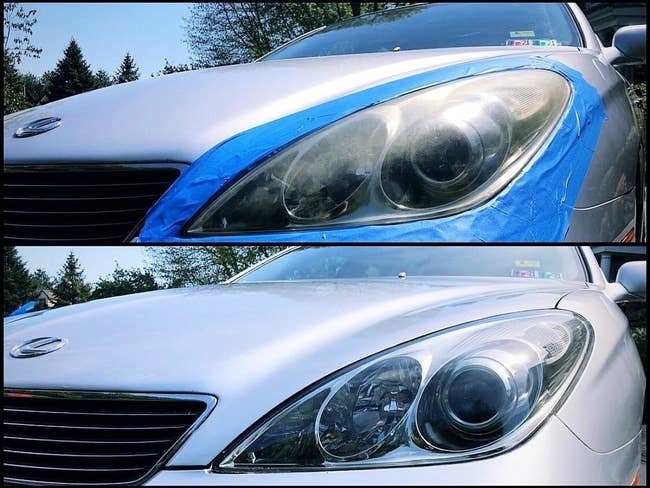 A before and after image of a car with dirty, scratched headlights covers that have been restored thanks to a wax protectant system 