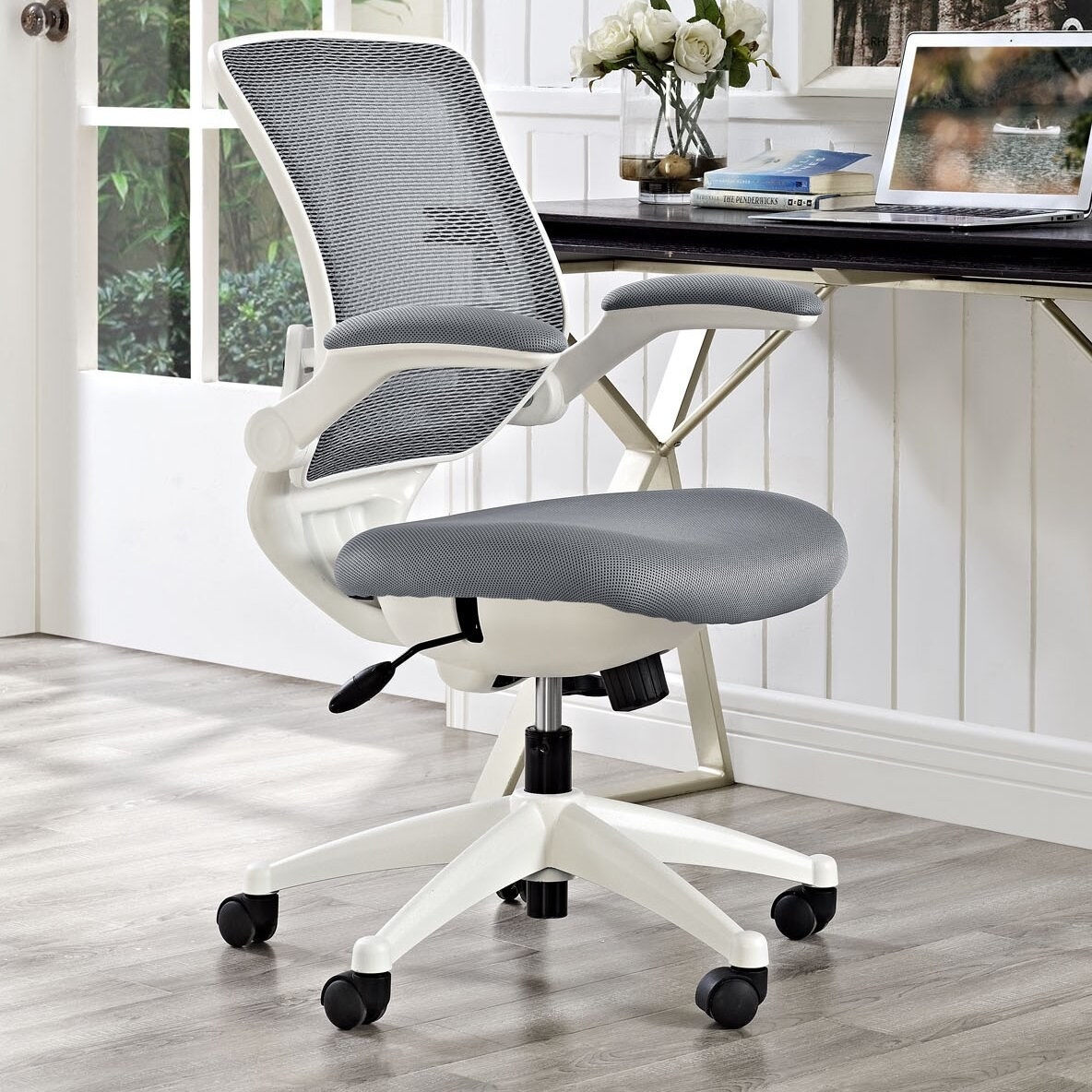 The chair in white and grey with five wheels