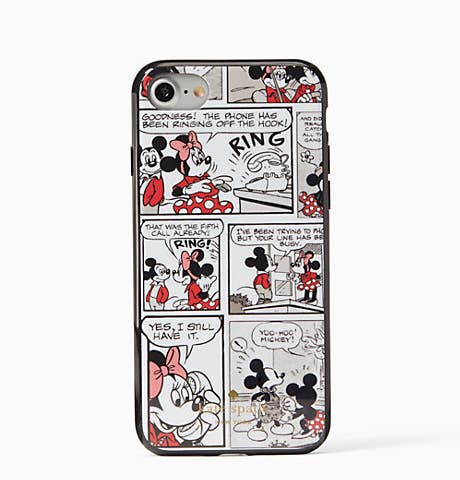 Closeup of back of the phone case showing a comic-strip design of Minnie and Mickey Mouse