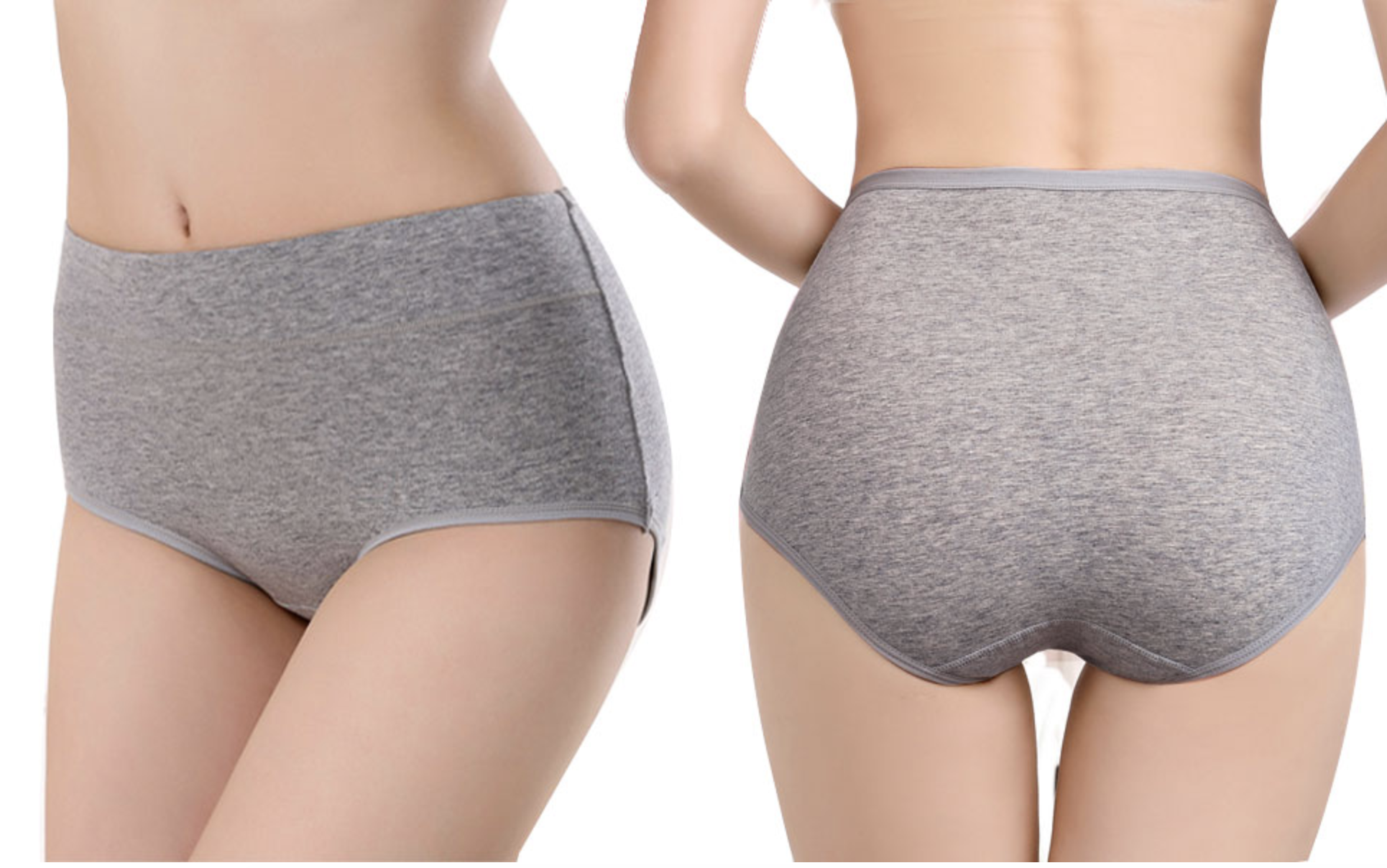 A model wearing a pair of underwear with full coverage from two angles, the front and the rear 