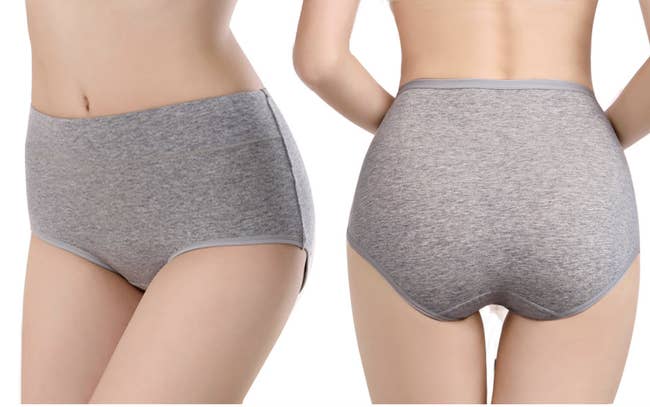 Someone wearing a pair of underwear with full coverage from two angles, the front and the rear 