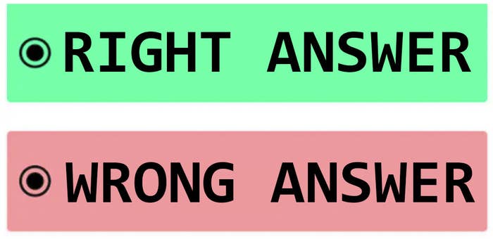 A green box says, "Right answer" and a red box says, "Wrong answer"