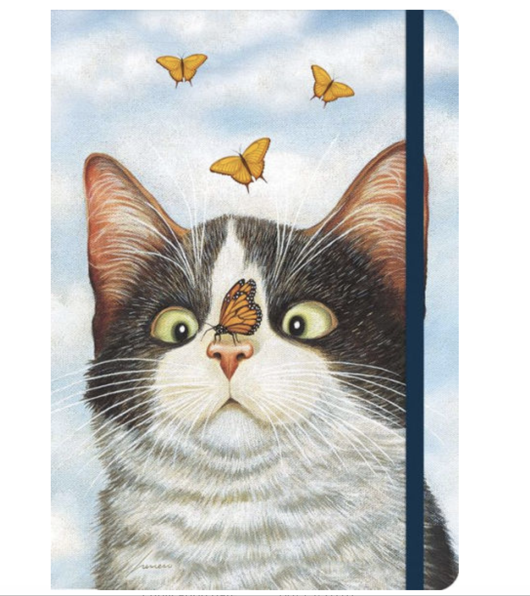 The cat journal cover showing a funny cat with a butterfly on its nose