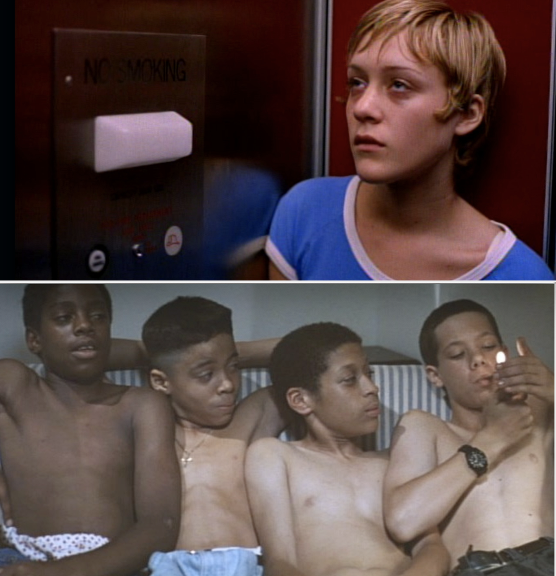 A bunch of kids sitting together on a couch, smoking, in the movie &quot;Kids&quot;